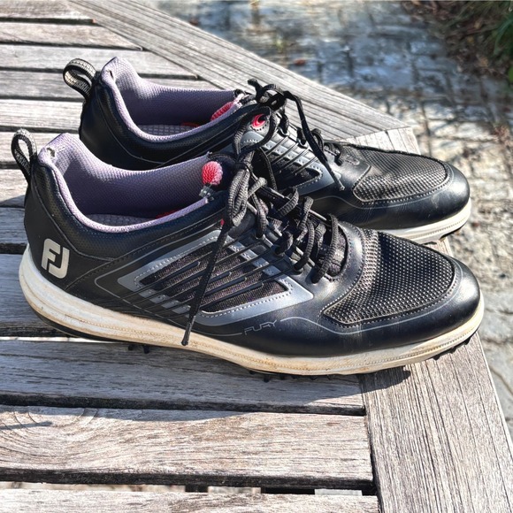 Athletic Sporty Golf‎ Shoes FootJoy Fury 10W Black Leather Mesh Spiked Cleats main image 13